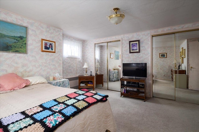30 Nims Ave, West Babylon, NY 11704 - carpeted bedroom featuring wallpapered walls, radiator, and multiple closets