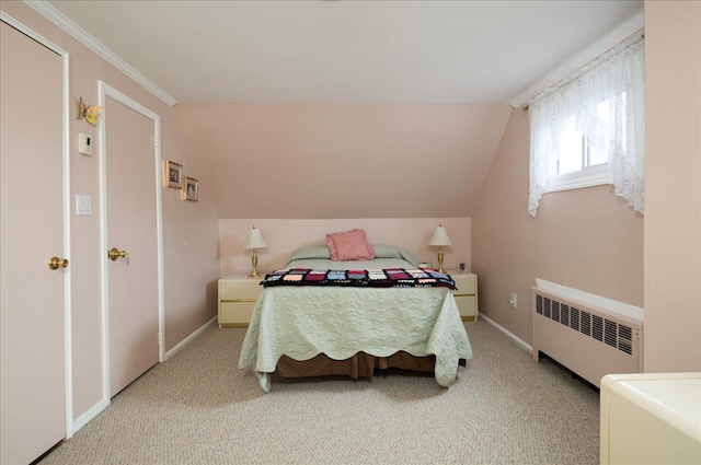 30 Nims Ave, West Babylon, NY 11704 - bedroom with radiator heating unit, light carpet, vaulted ceiling, and crown molding