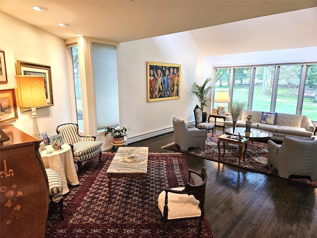 5 Sophia St, Monsey, NY 10952 - living area featuring wood finished floors, a baseboard radiator, recessed lighting, and lofted ceiling