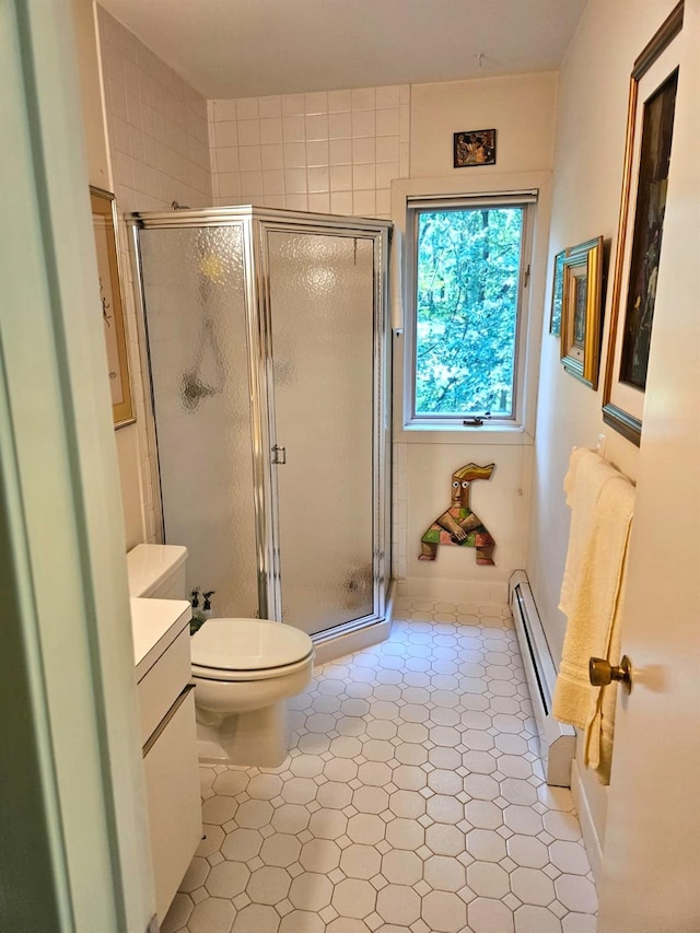 5 Sophia St, Monsey, NY 10952 - bathroom with a baseboard radiator, tile patterned floors, vanity, and a shower stall