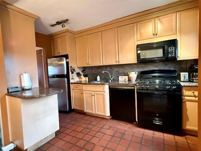 59-47 69th Ln Unit A, Maspeth, NY 11378 - kitchen with black appliances, backsplash, dark tile patterned floors, and dark stone counters