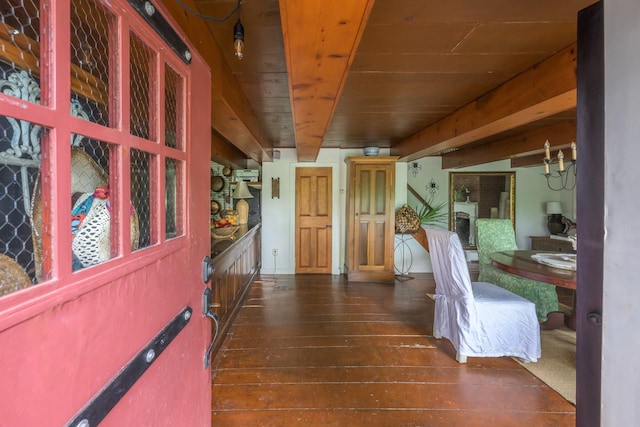 424 Bronck Mill Rd, Coxsackie, NY 12192 - foyer with wood-type flooring and a wooden ceiling with exposed beams