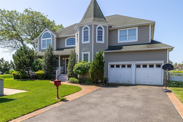 248 Delaware Ave, Island Park, NY 11558 - view of front facade with a garage, asphalt driveway, a shingled roof, and a front lawn
