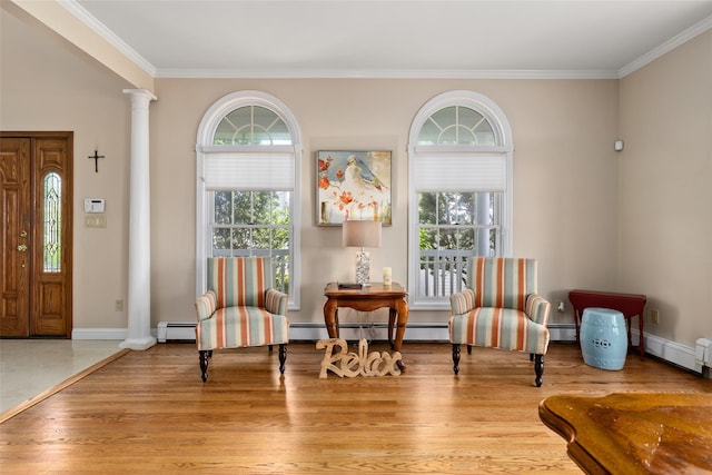 248 Delaware Ave, Island Park, NY 11558 - sitting room with ornate columns, plenty of natural light, ornamental molding, and wood finished floors