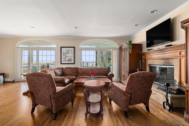 248 Delaware Ave, Island Park, NY 11558 - living room featuring light wood-style floors, ornamental molding, and a fireplace