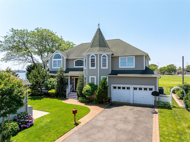 248 Delaware Ave, Island Park, NY 11558 - victorian-style house featuring driveway, a garage, a front lawn, and a shingled roof