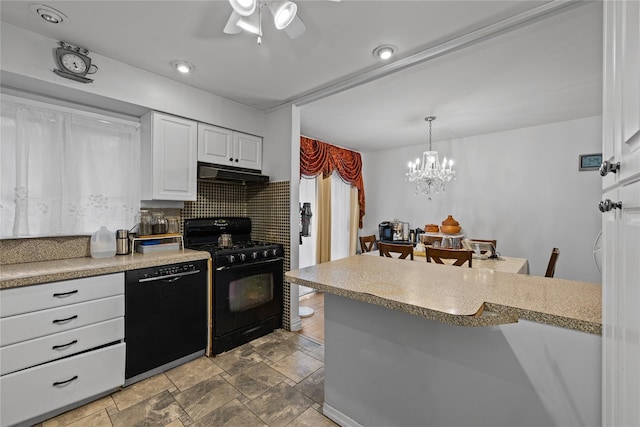 8 Valley View Ter, Suffern, NY 10901 - kitchen with black appliances, under cabinet range hood, white cabinetry, a ceiling fan, and tasteful backsplash