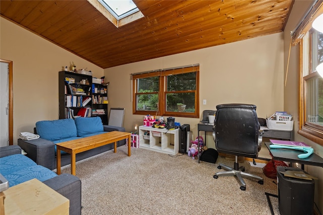 8 Valley View Ter, Suffern, NY 10901 - home office with carpet, wood ceiling, a skylight, and lofted ceiling
