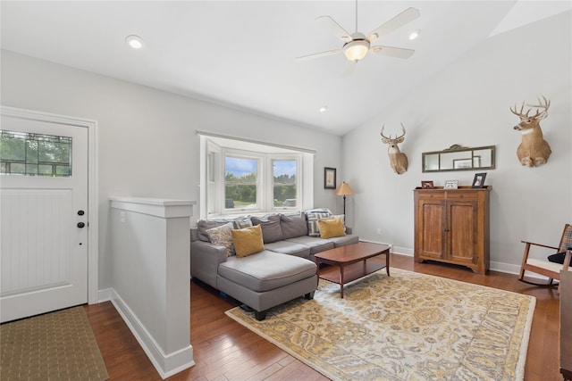 166 Williams Way S, Baiting Hollow, NY 11933 - living room featuring plenty of natural light, dark wood-style flooring, ceiling fan, and vaulted ceiling