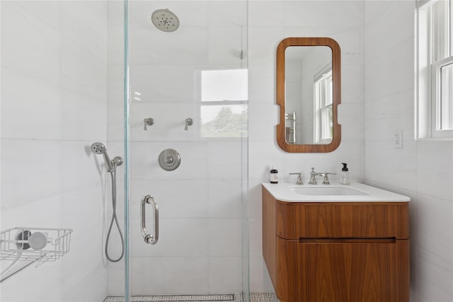 166 Williams Way S, Baiting Hollow, NY 11933 - full bathroom with a stall shower, vanity, and tile walls