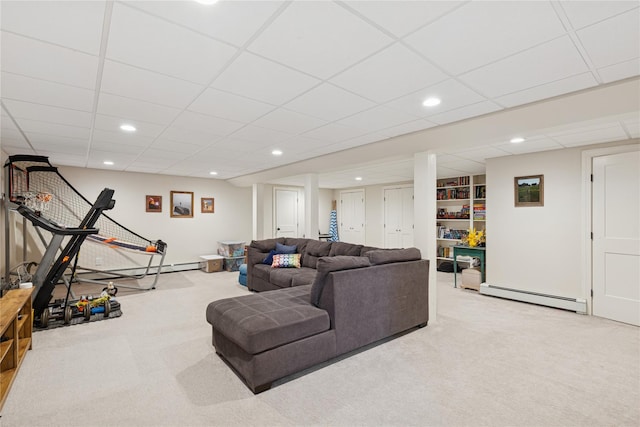 166 Williams Way S, Baiting Hollow, NY 11933 - carpeted living area featuring a baseboard radiator, a drop ceiling, and recessed lighting