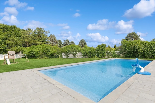166 Williams Way S, Baiting Hollow, NY 11933 - swimming pool with a lawn, a patio, and a playground