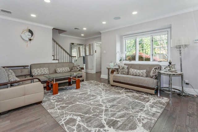 1 Howland Rd, East Rockaway, NY 11518 - living area with recessed lighting, stairs, wood finished floors, and ornamental molding