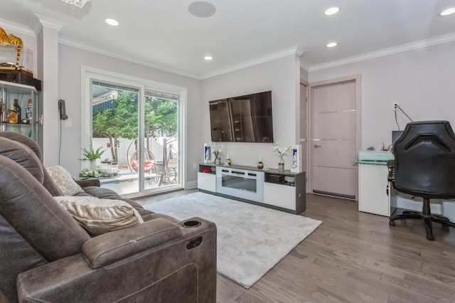 1 Howland Rd, East Rockaway, NY 11518 - living area featuring wood finished floors, crown molding, and recessed lighting