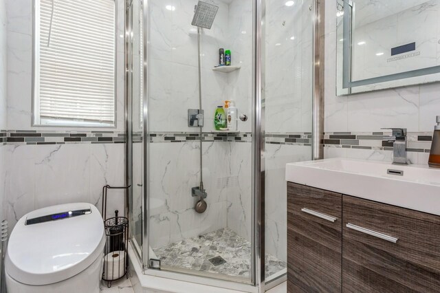 1 Howland Rd, East Rockaway, NY 11518 - bathroom with tile walls, vanity, and a marble finish shower