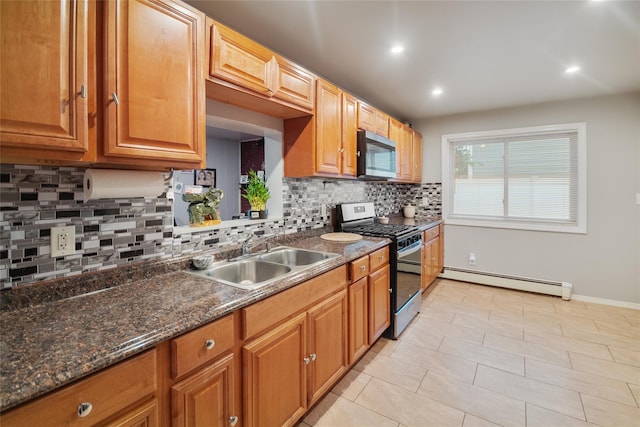 114 Cone Ave, Central Islip, NY 11722 - kitchen featuring stainless steel appliances, a baseboard radiator, decorative backsplash, recessed lighting, and brown cabinets