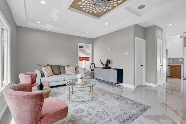 10 Locust St, Hicksville, NY 11801 - living area with light marble finish flooring and recessed lighting