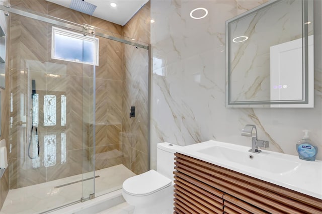 10 Locust St, Hicksville, NY 11801 - bathroom with vanity, a stall shower, and tile walls