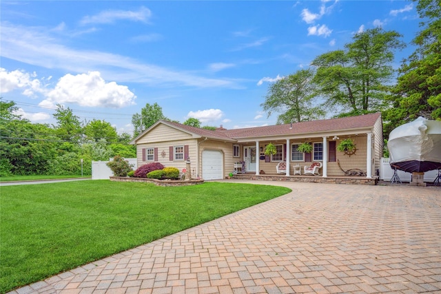 1 Angelica Ct, West Babylon, NY 11704 - ranch-style house featuring a porch, decorative driveway, and a garage