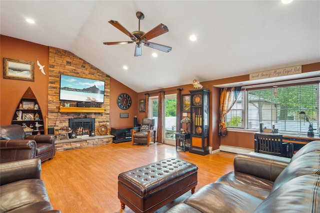 1 Angelica Ct, West Babylon, NY 11704 - living room featuring ceiling fan, lofted ceiling, wood finished floors, a stone fireplace, and recessed lighting