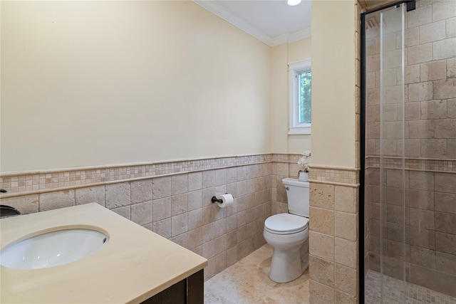 22 Pomper Dr, East Northport, NY 11731 - bathroom with tile walls, vanity, a stall shower, wainscoting, and crown molding