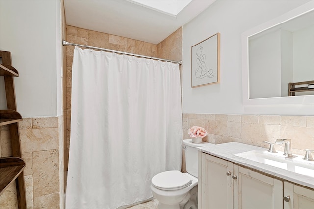 22 Pomper Dr, East Northport, NY 11731 - bathroom featuring tile walls, vanity, a shower with curtain, and wainscoting