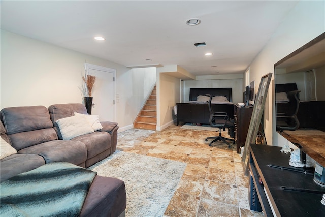 22 Pomper Dr, East Northport, NY 11731 - living room featuring stairway, light stone finish floors, recessed lighting, and an office area