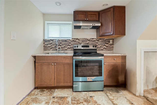 22 Pomper Dr, East Northport, NY 11731 - kitchen featuring stainless steel range with electric cooktop, extractor fan, decorative backsplash, and light stone finish floors