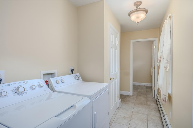 101 Wilson Dr, Port Jefferson Village, NY 11777 - washroom featuring a baseboard radiator, washing machine and dryer, and light tile patterned floors