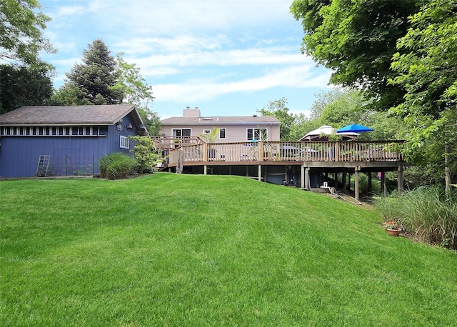 1778 Spur Dr S, Islip, NY 11751 - back of house featuring a deck, a lawn, and a chimney