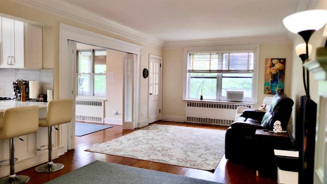 67-38 108st St Unit A53, Forest Hills, NY 11375 - living room with radiator, ornamental molding, and dark wood finished floors