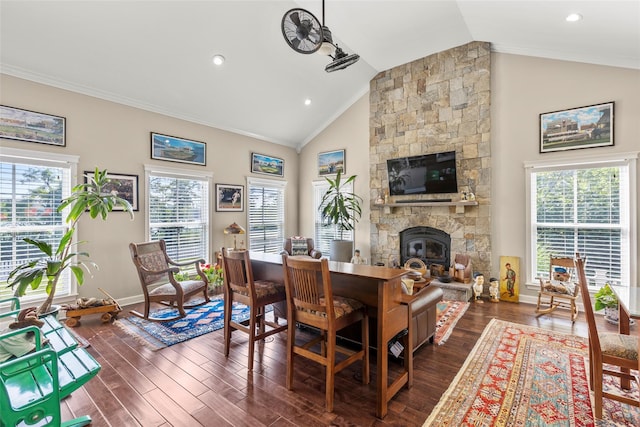 16 Dyke Rd, Setauket, NY 11733 - dining space with ornamental molding, dark wood-style flooring, and high vaulted ceiling