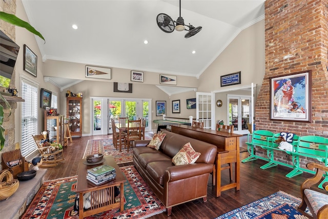 16 Dyke Rd, Setauket, NY 11733 - living room with french doors, a ceiling fan, wood finished floors, high vaulted ceiling, and ornamental molding