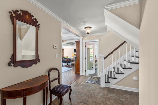 16 Dyke Rd, Setauket, NY 11733 - foyer entrance with stone tile flooring, crown molding, stairway, and decorative columns