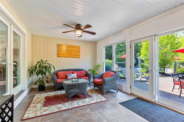 16 Dyke Rd, Setauket, NY 11733 - sunroom / solarium featuring an outdoor hangout area, healthy amount of natural light, and a ceiling fan