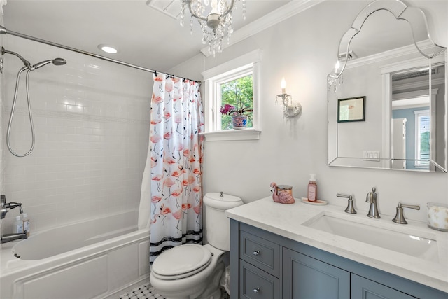 16 Dyke Rd, Setauket, NY 11733 - full bath featuring vanity, ornamental molding, plenty of natural light, and shower / bath combo with shower curtain