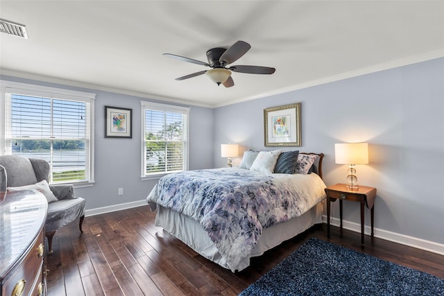 16 Dyke Rd, Setauket, NY 11733 - bedroom with ornamental molding, dark wood finished floors, and a ceiling fan