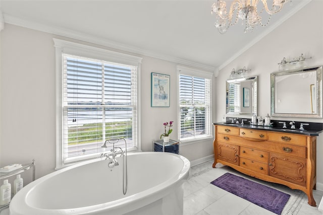 16 Dyke Rd, Setauket, NY 11733 - bathroom featuring ornamental molding, vanity, a chandelier, healthy amount of natural light, and a soaking tub