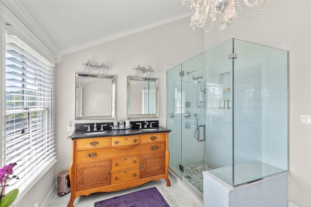 16 Dyke Rd, Setauket, NY 11733 - bathroom with ornamental molding, double vanity, a stall shower, and a chandelier