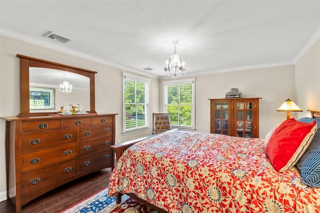 16 Dyke Rd, Setauket, NY 11733 - bedroom with a chandelier, dark wood-style floors, and crown molding
