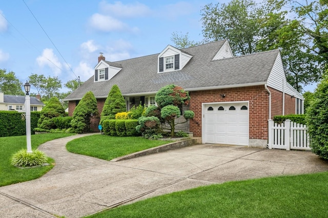 76 Roebling Pl E, Northport, NY 11731 - cape cod-style house with brick siding, a chimney, an attached garage, driveway, and a shingled roof