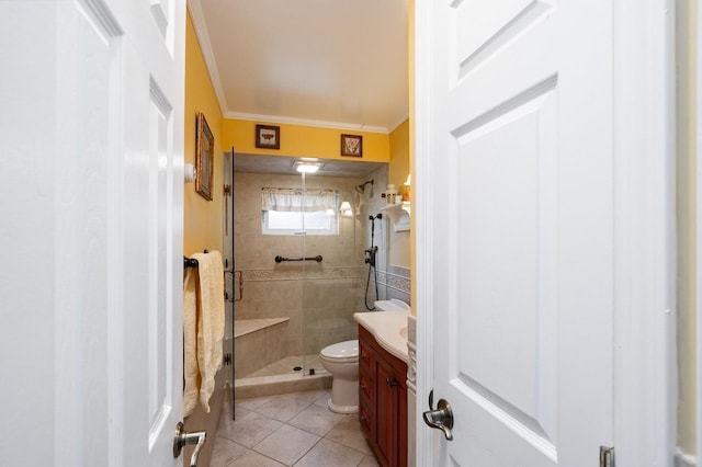 76 Roebling Pl E, Northport, NY 11731 - full bath featuring tile patterned floors, a shower stall, crown molding, vanity, and tile walls