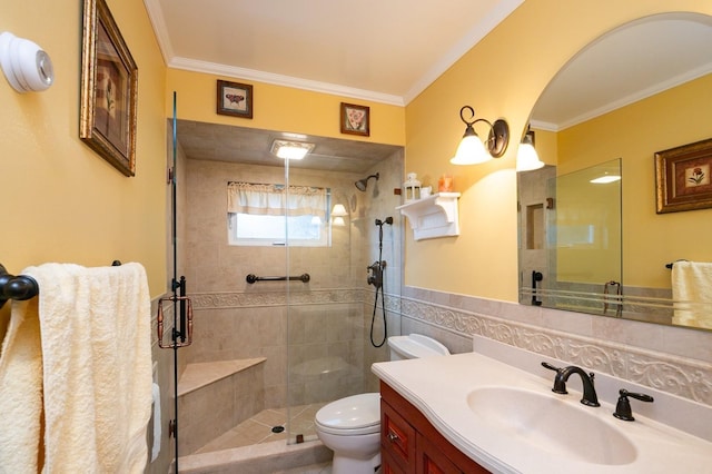 76 Roebling Pl E, Northport, NY 11731 - bathroom featuring vanity, a shower stall, ornamental molding, and tile walls