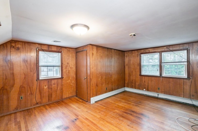 76 Roebling Pl E, Northport, NY 11731 - unfurnished room with healthy amount of natural light, wood finished floors, wooden walls, a baseboard radiator, and fire sprinkler in ceiling