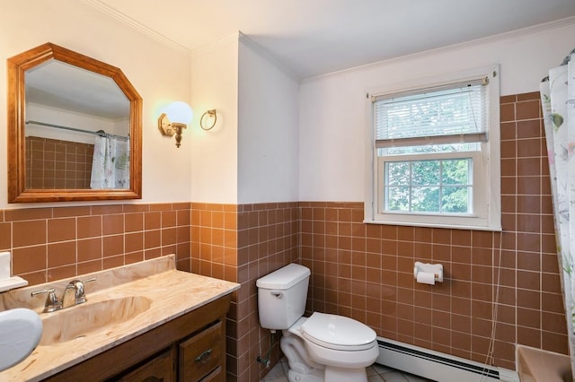 76 Roebling Pl E, Northport, NY 11731 - bathroom with a baseboard heating unit, vanity, tile walls, wainscoting, and a shower with curtain