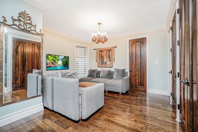 237 Eldridge St Unit 3 & 4, New York Manhattan, NY 10002 - living room featuring a chandelier, ornamental molding, and dark wood-type flooring