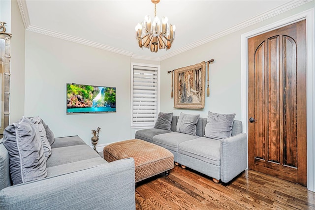 237 Eldridge St Unit 3 & 4, New York Manhattan, NY 10002 - living area featuring a chandelier, ornamental molding, and wood finished floors