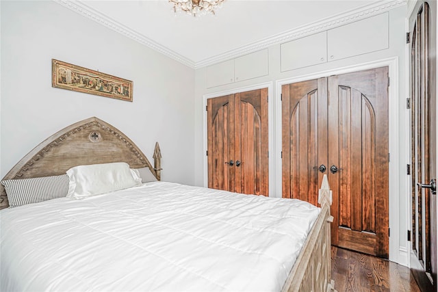 237 Eldridge St Unit 3 & 4, New York Manhattan, NY 10002 - bedroom with dark wood-style flooring, two closets, and crown molding