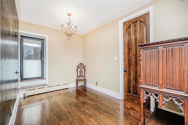 237 Eldridge St Unit 3 & 4, New York Manhattan, NY 10002 - unfurnished room featuring a baseboard radiator, wood finished floors, a chandelier, and ornamental molding