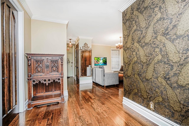 237 Eldridge St Unit 3 & 4, New York Manhattan, NY 10002 - hallway featuring wood finished floors, ornamental molding, and a chandelier